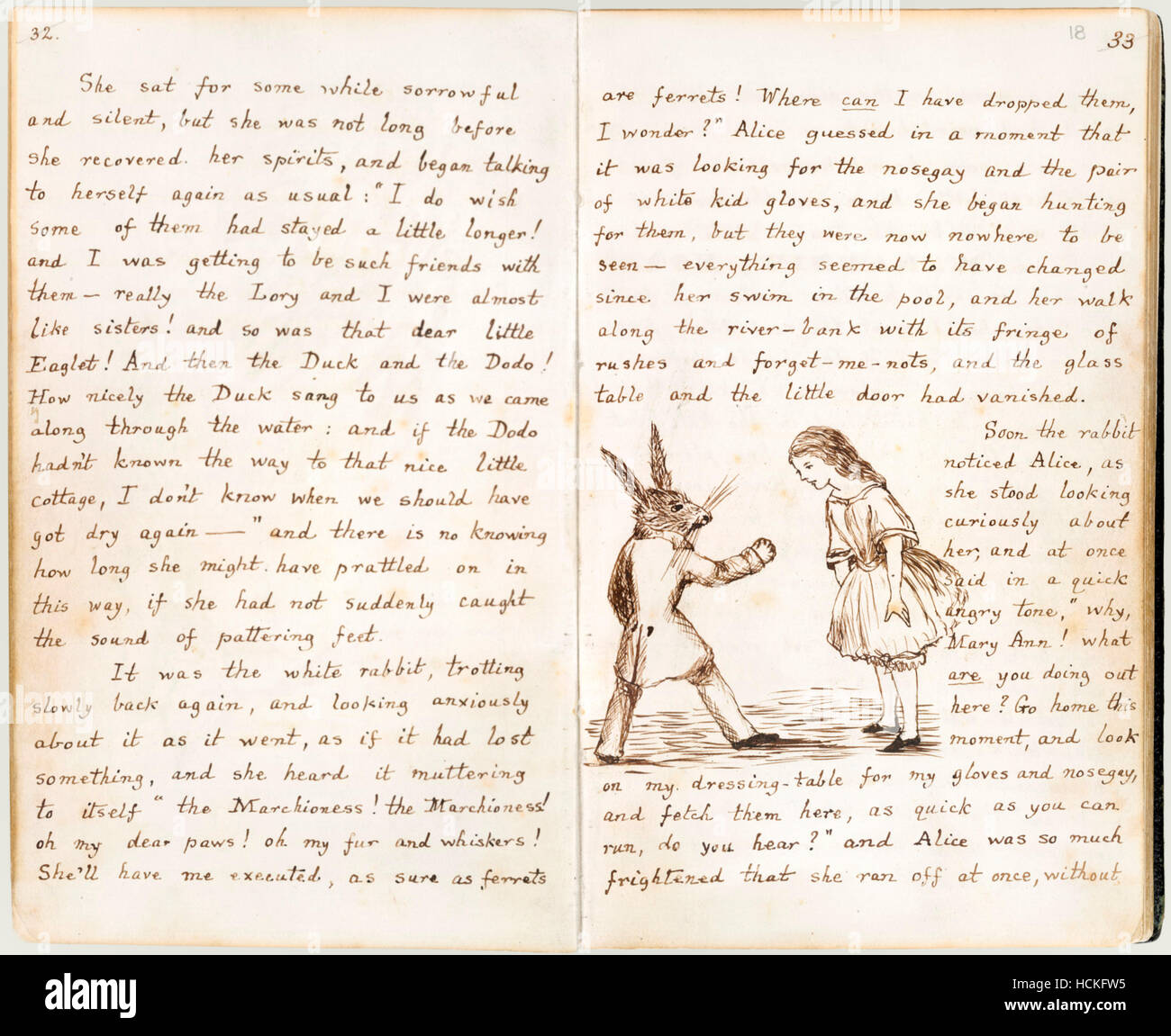 The rabbit searches for his nosegay and white kid gloves, from the original manuscript of 'Alice's Adventures Under Ground' by Charles Lutwidge Dodgson (1832-1898) given to Alice Liddell in November 1864 and published under the title ‘Alice's Adventures in Wonderland’ in 1865 under the pen-name Lewis Carroll. Stock Photo