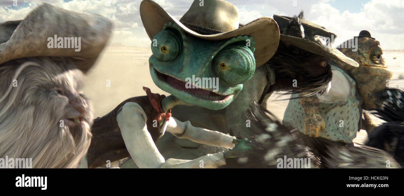 RANGO, from left Spoons (voice Alex Manugian), Rango (voice Johnny