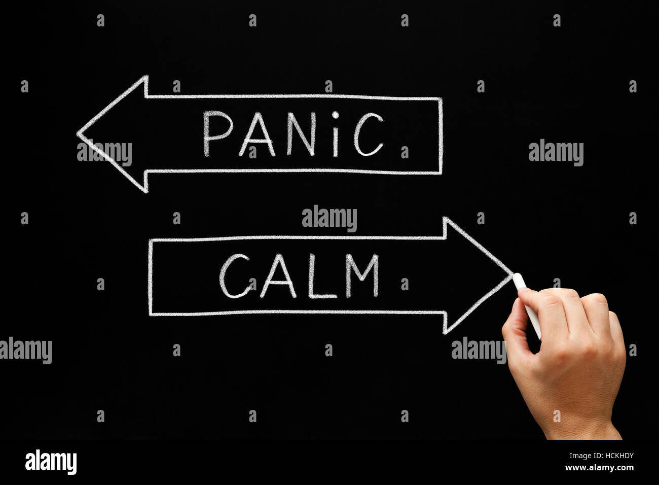 Hand drawing Panic or Calm concept with white chalk on blackboard. Stock Photo