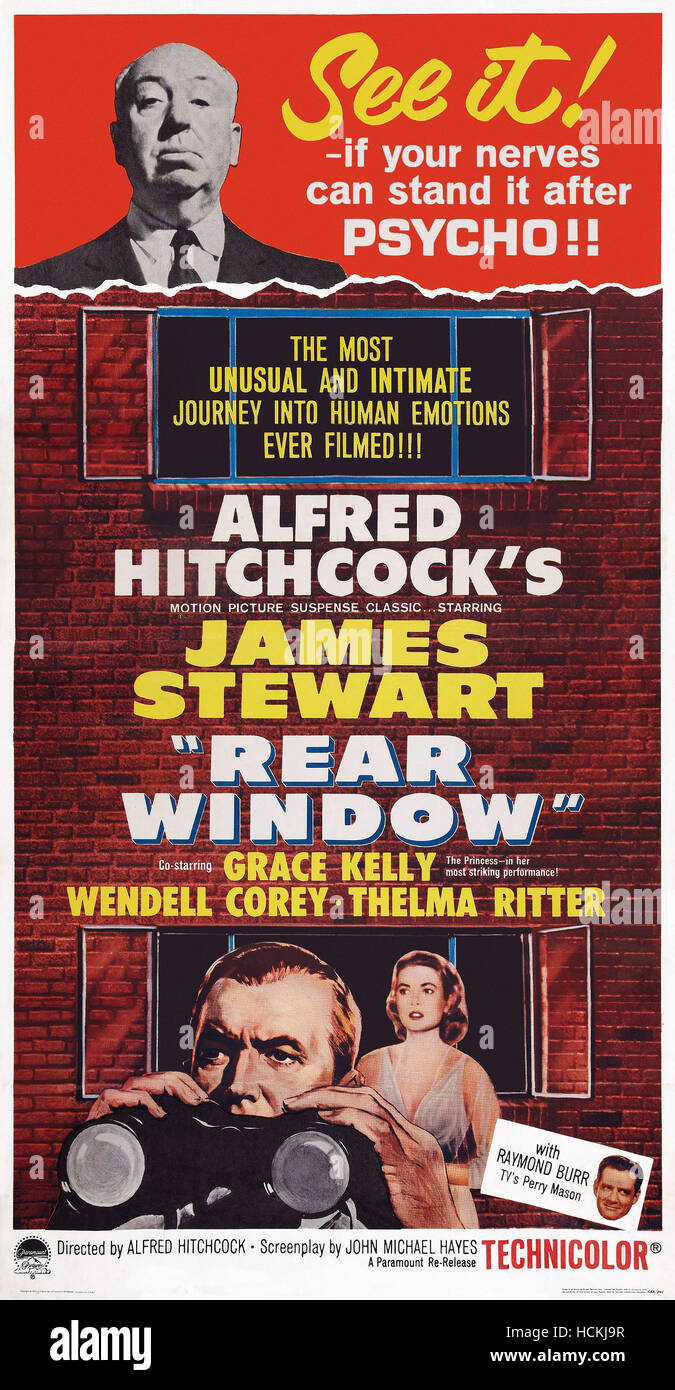 REAR WINDOW, US poster art, top: Alfred Hitchcock; bottom from left
