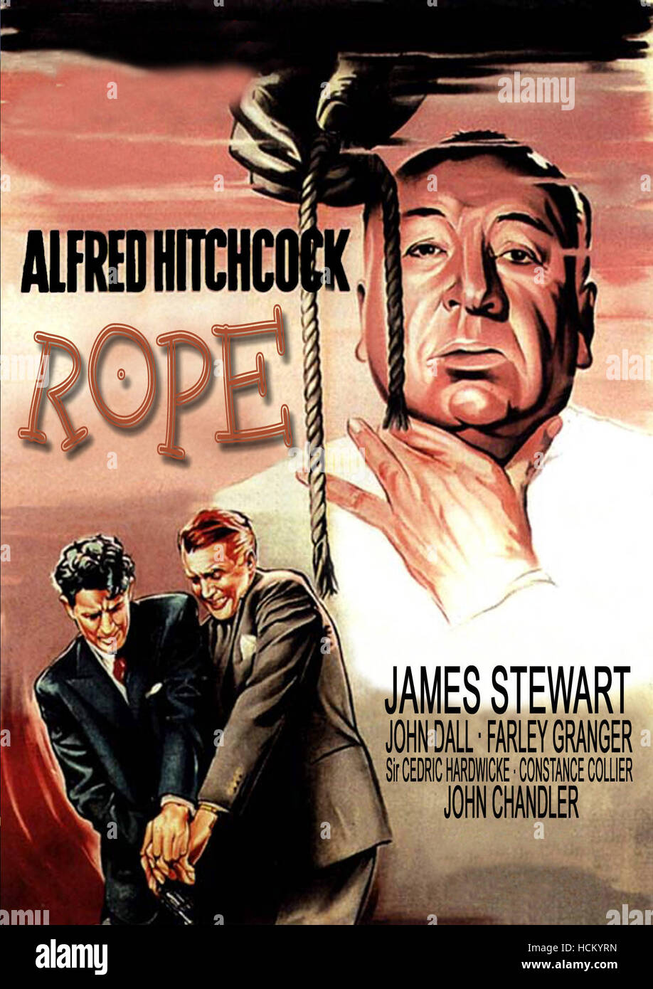 ROPE, l-r: Farley Granger, James Stewart, Alfred Hitchcock on poster ...