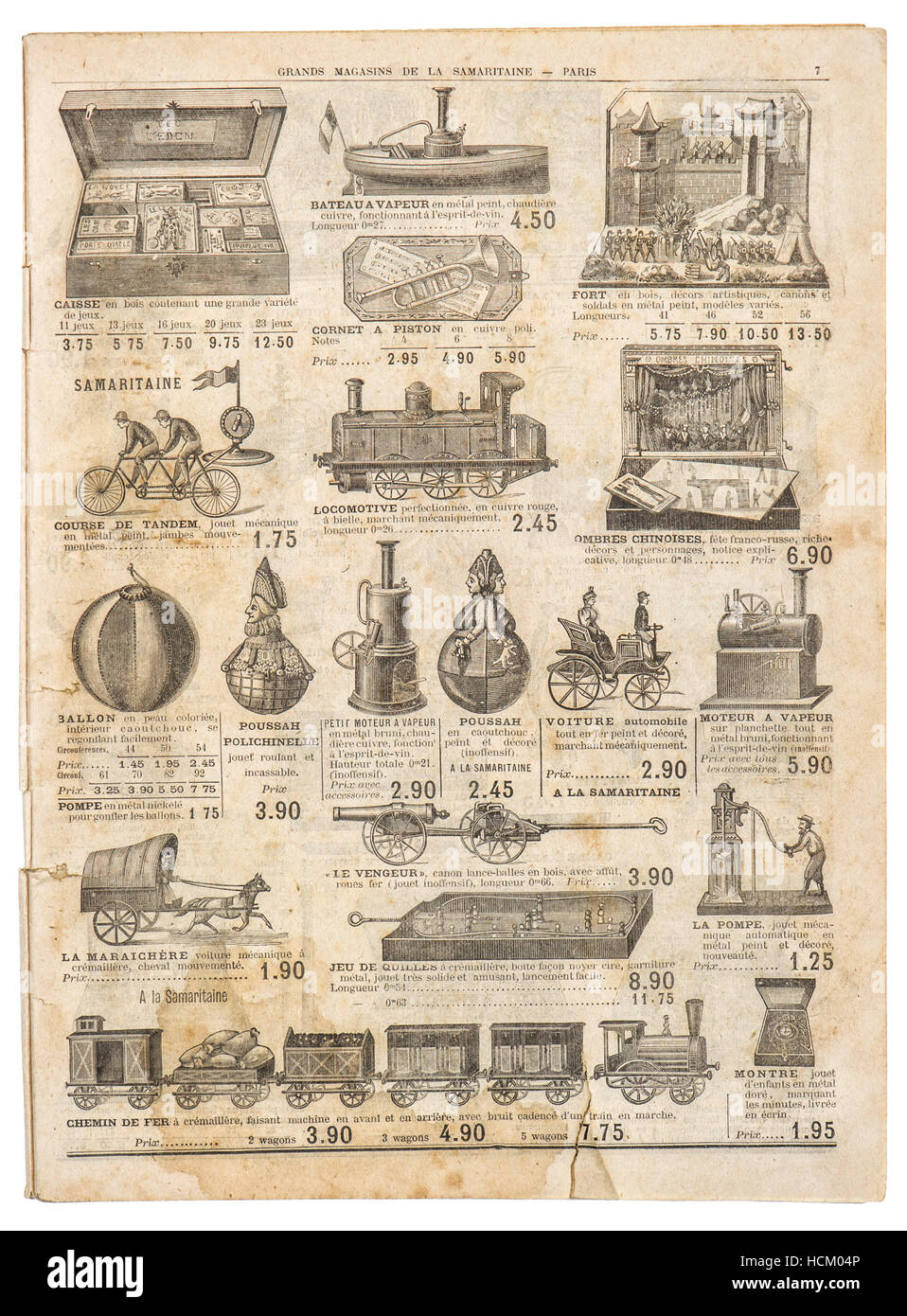 Vintage victorian toys collection. Old engraved picture.  Antique googs shop advertising, page of original shopping catalog La Samaritaine, Paris, Fra Stock Photo