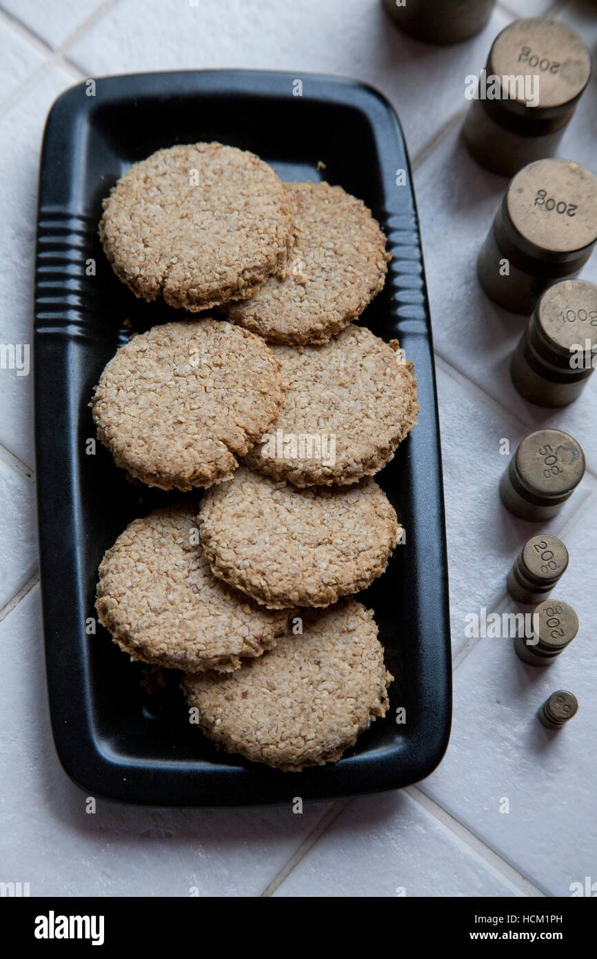 Hand Made oatcakes on rectangular dish Stock Photo