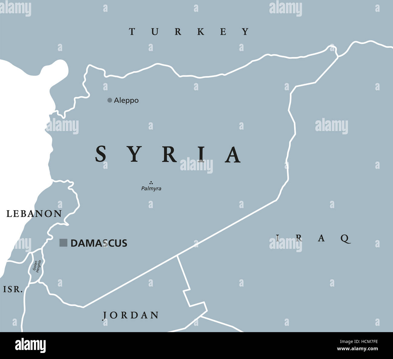 Syria political map with capital Damascus, national borders and neighbor countries. Arab republic in Western Asia. Stock Photo