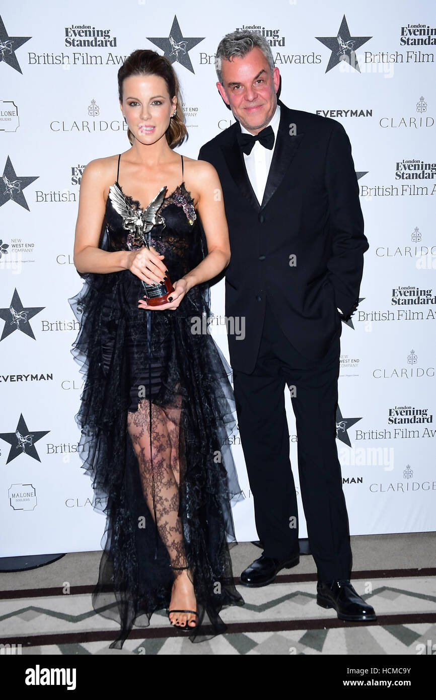 Kate Beckinsale with the award for Best Actress alongside Danny Huston at the Evening Standard Film Awards at Claridge's, Brook Street, London. Stock Photo