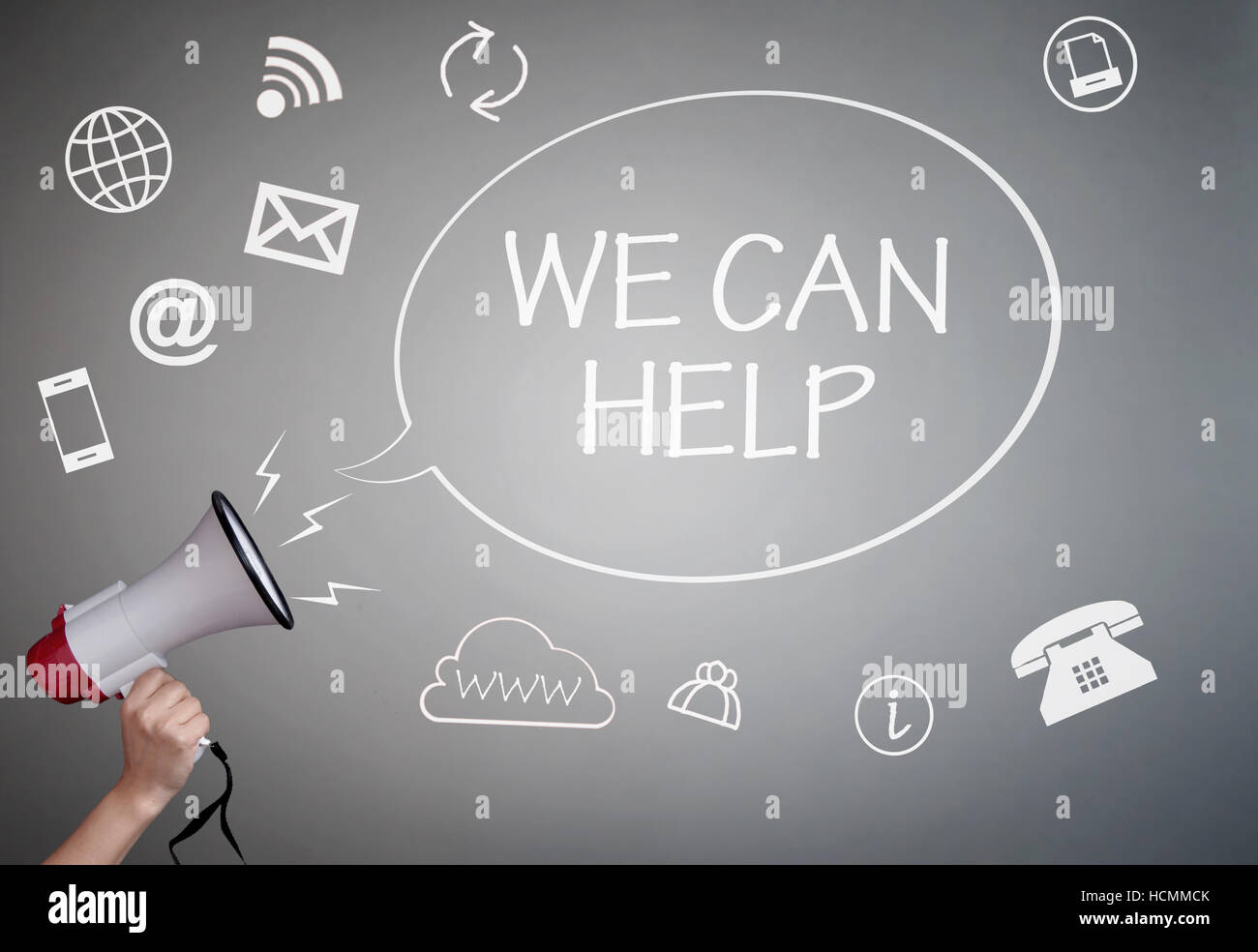 We can help handwritten message surrounded by icons Stock Photo - Alamy