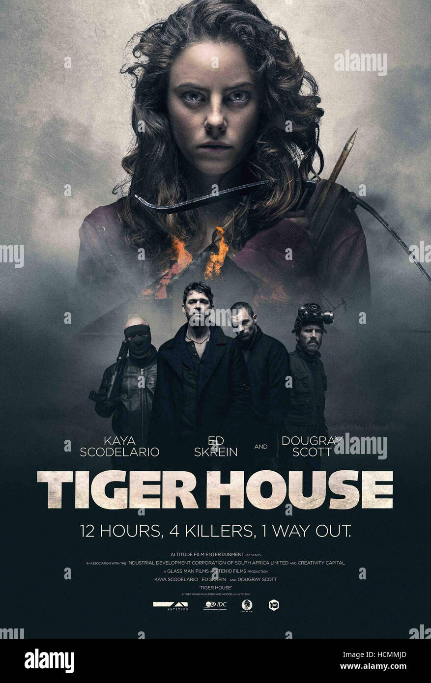 TIGER HOUSE, poster, top Kaya Scodelario, bottom Dougray Scott (front), Ed Skrein (right of