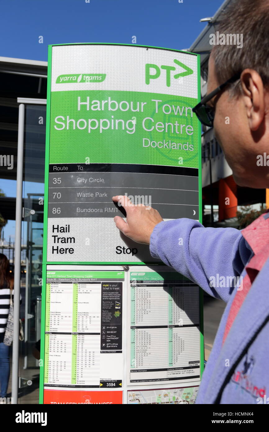 Harbor Town, Docklands tram stop sign Stock Photo