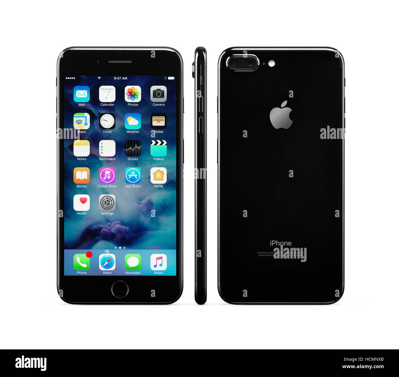 Apple iPhone 7 Plus black front, side and rear views isolated on white background with clipping path Stock Photo