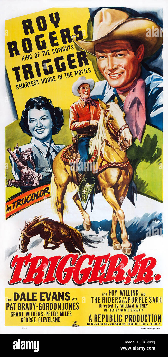 TRIGGER, JR., US poster art, from left Dale Evans, Roy Rogers, Trigger the Horse, 1950 Stock