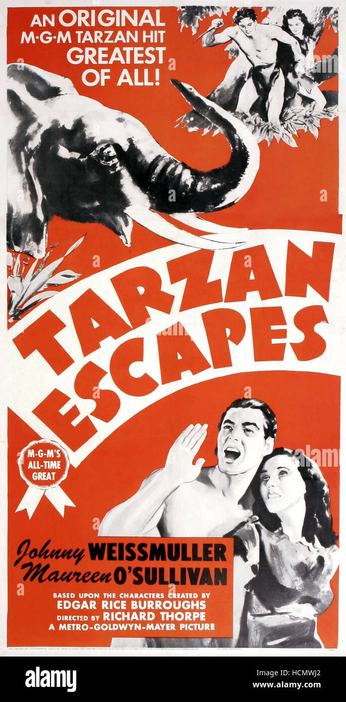 TARZAN ESCAPES, US poster art, Johnny Weissmuller, Maureen O'Sullivan