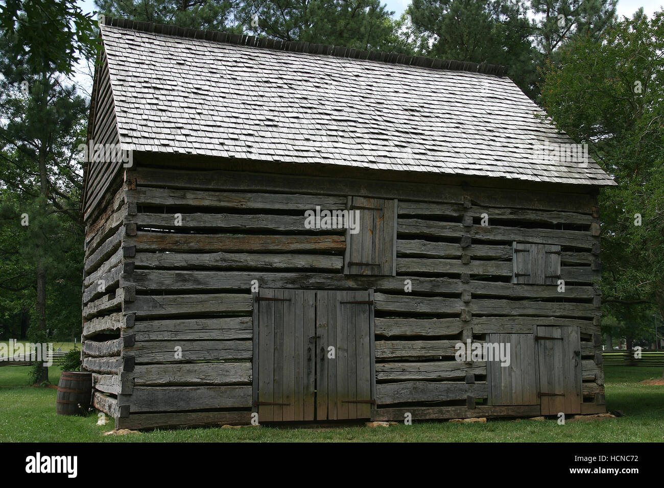 Old barn at Hezekiah Alexander Homestead in Charlotte, NC Stock Photo