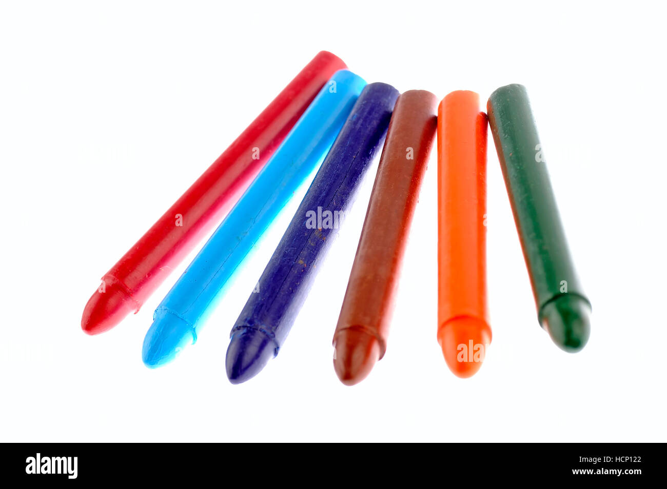 Six colored wax crayon on white background Stock Photo Alamy