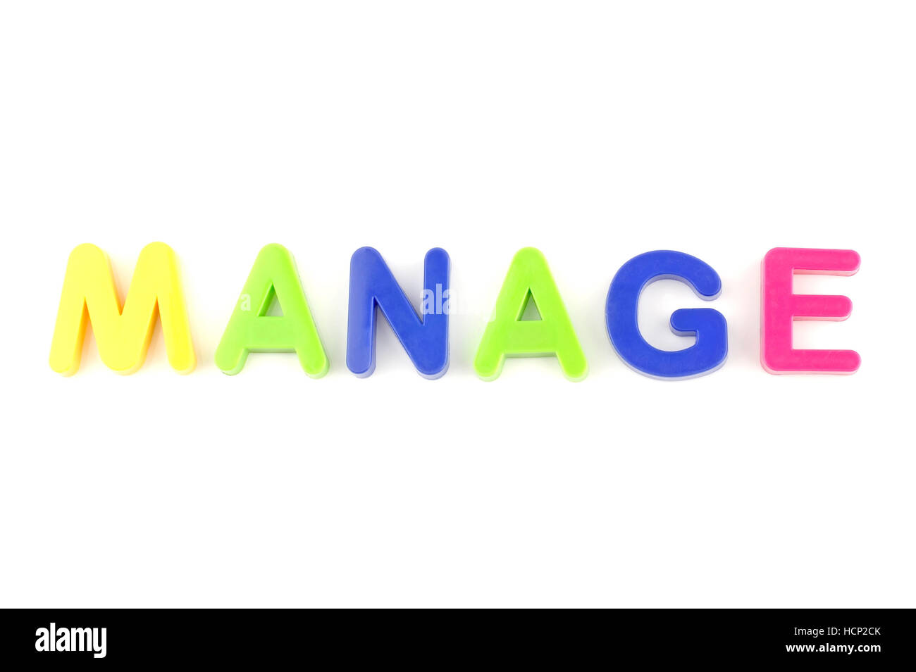 Word manage isolated on white background made from colorful toys letters Stock Photo