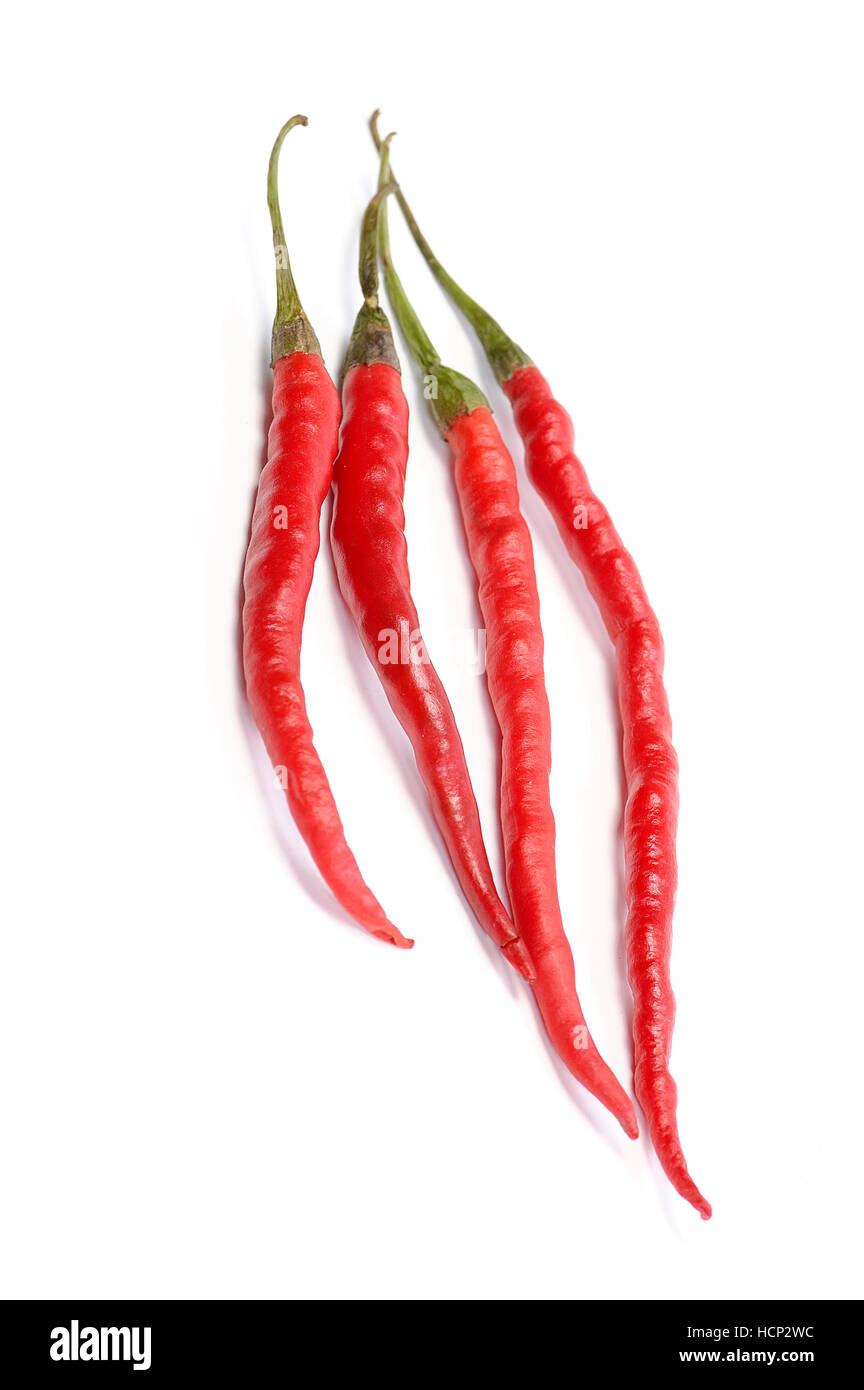 Four Red Hot Chili Peppers on White Background Stock Photo - Alamy