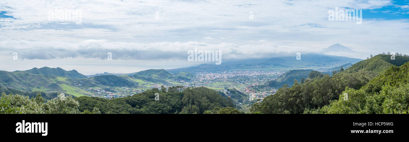 landscape panorama, rural valley, village, forest and mountain background, Tenerife Stock Photo