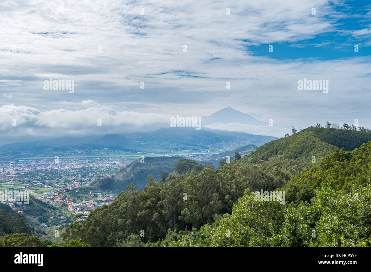View from mountain - forest landscape and village in valley Stock Photo