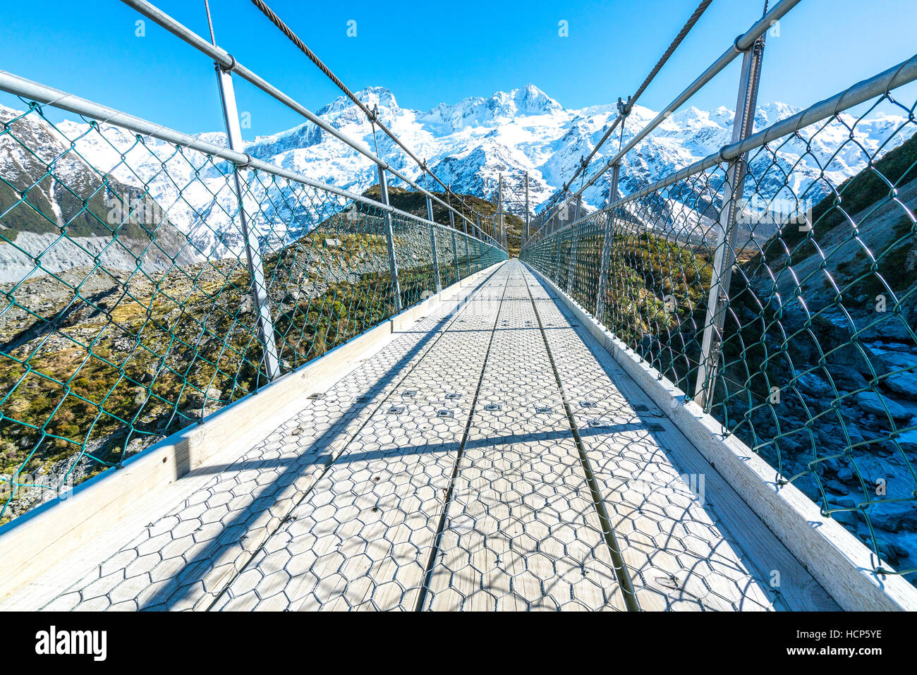 Suspension Bridge over Hooker River, Mount Cook National Park, Canterbury, South Island, New