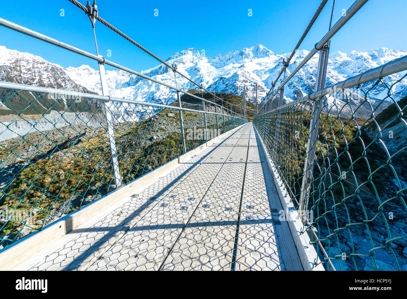Suspension Bridge over Hooker River, Mount Cook National Park, Canterbury, South Island, New