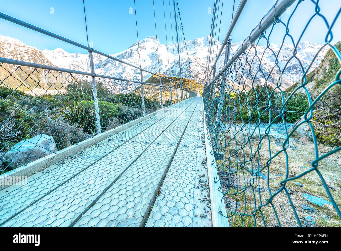 Suspension Bridge over Hooker River, Mount Cook National Park, Canterbury, South Island, New