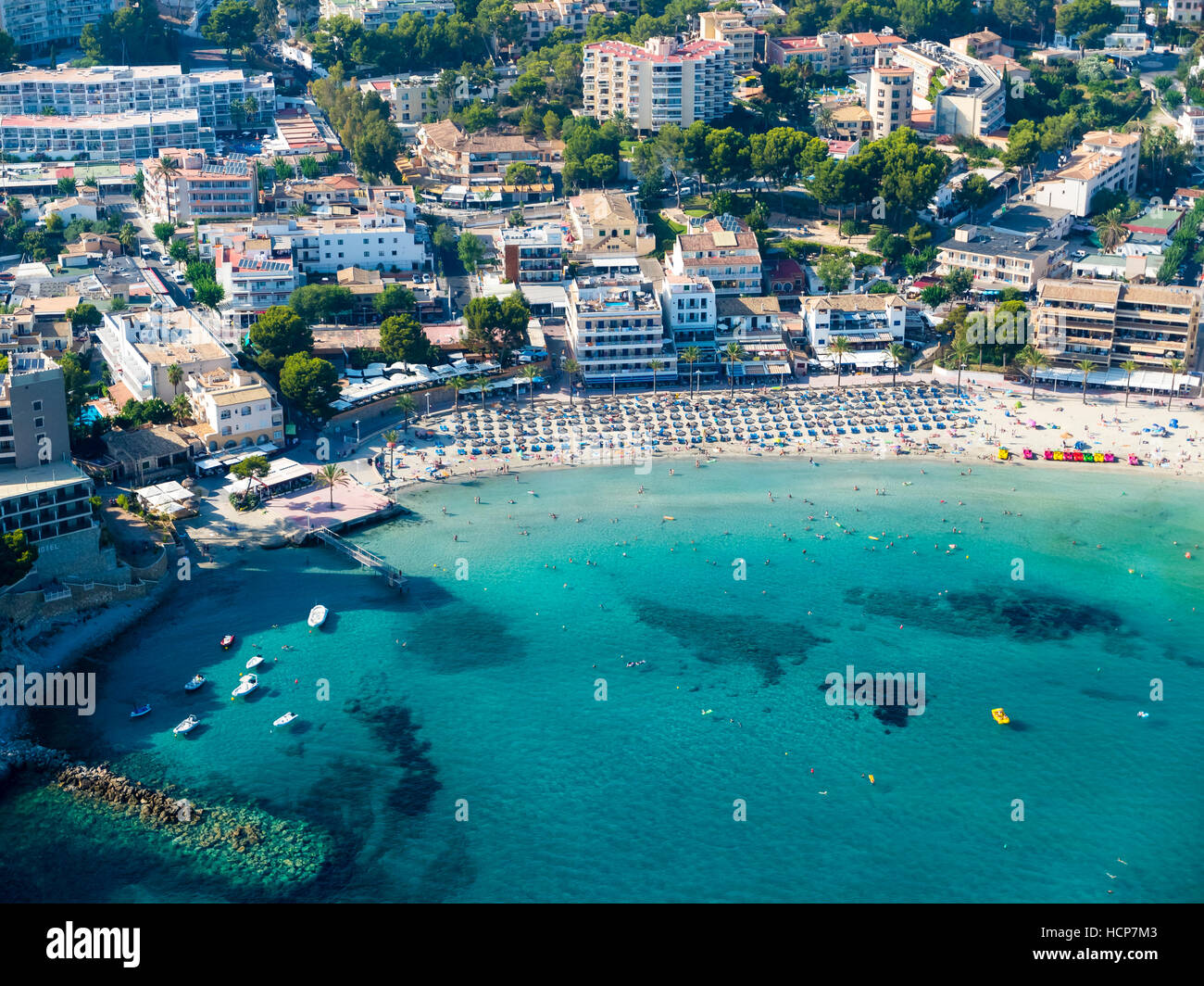 Aerial photograph, view of bay and beach of Peguera, Mallorca, Balearic Islands, Spain Stock Photo