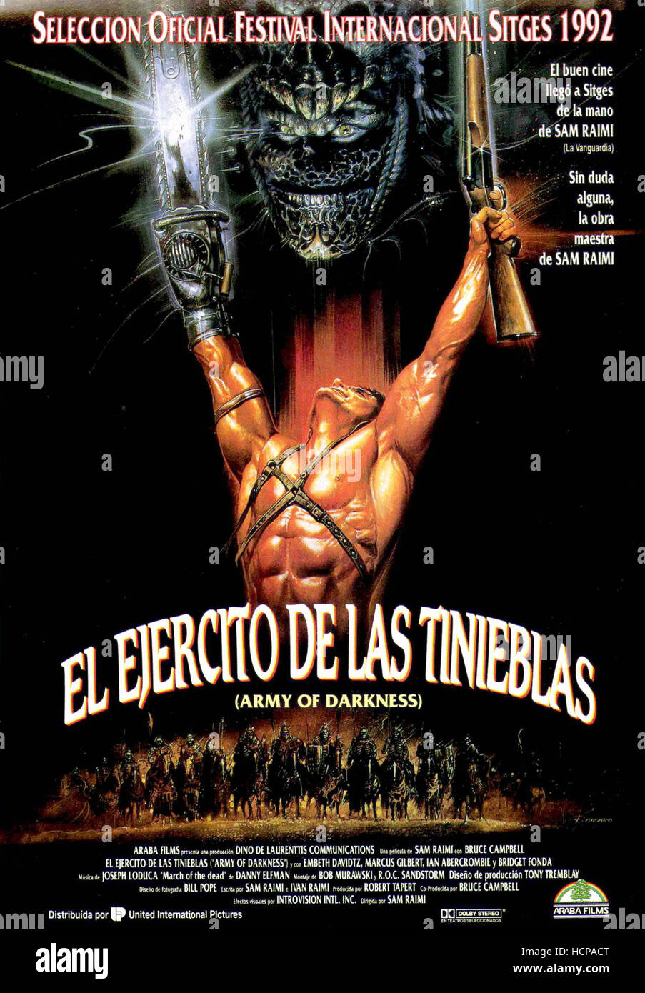ARMY OF DARKNESS, (aka EL EJERCITO DE LAS TINIEBLAS), Spanish language poster art, Bruce Campbell, 1992. ©Universal Stock Photo