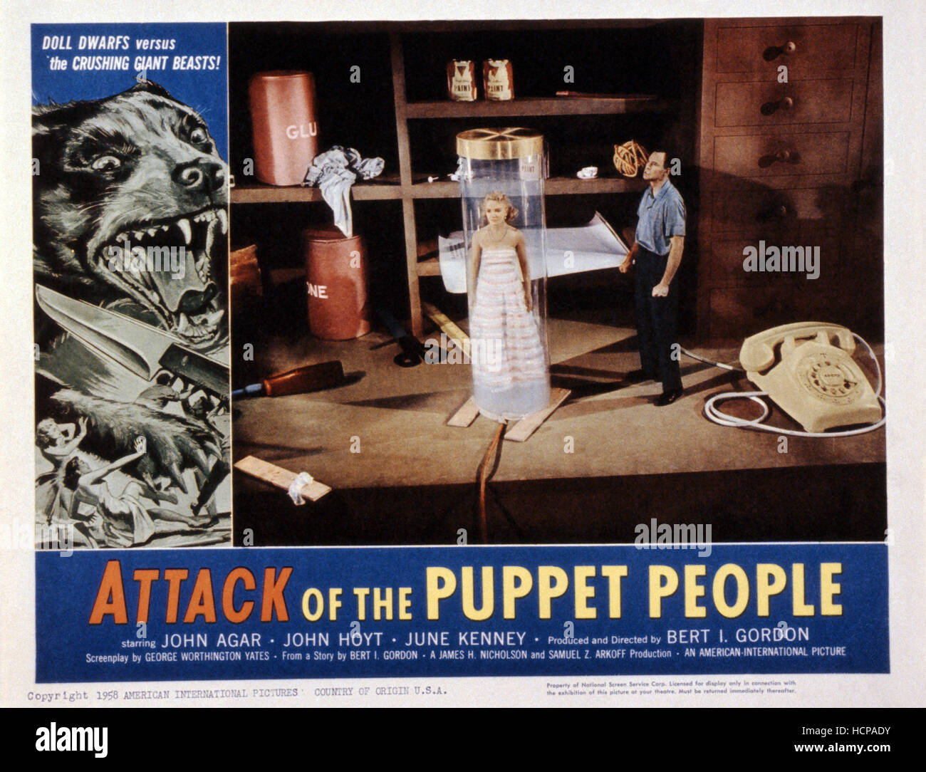 ATTACK OF THE PUPPET PEOPLE, US lobbycard, from left: June Kenney, John Agar, 1958 Stock Photo