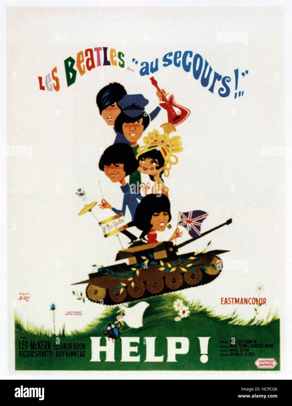HELP!, The Beatles from top: Paul McCartney, John Lennon, Ringo Starr,  Eleanor Bron on French poster art, 1965 Stock Photo - Alamy