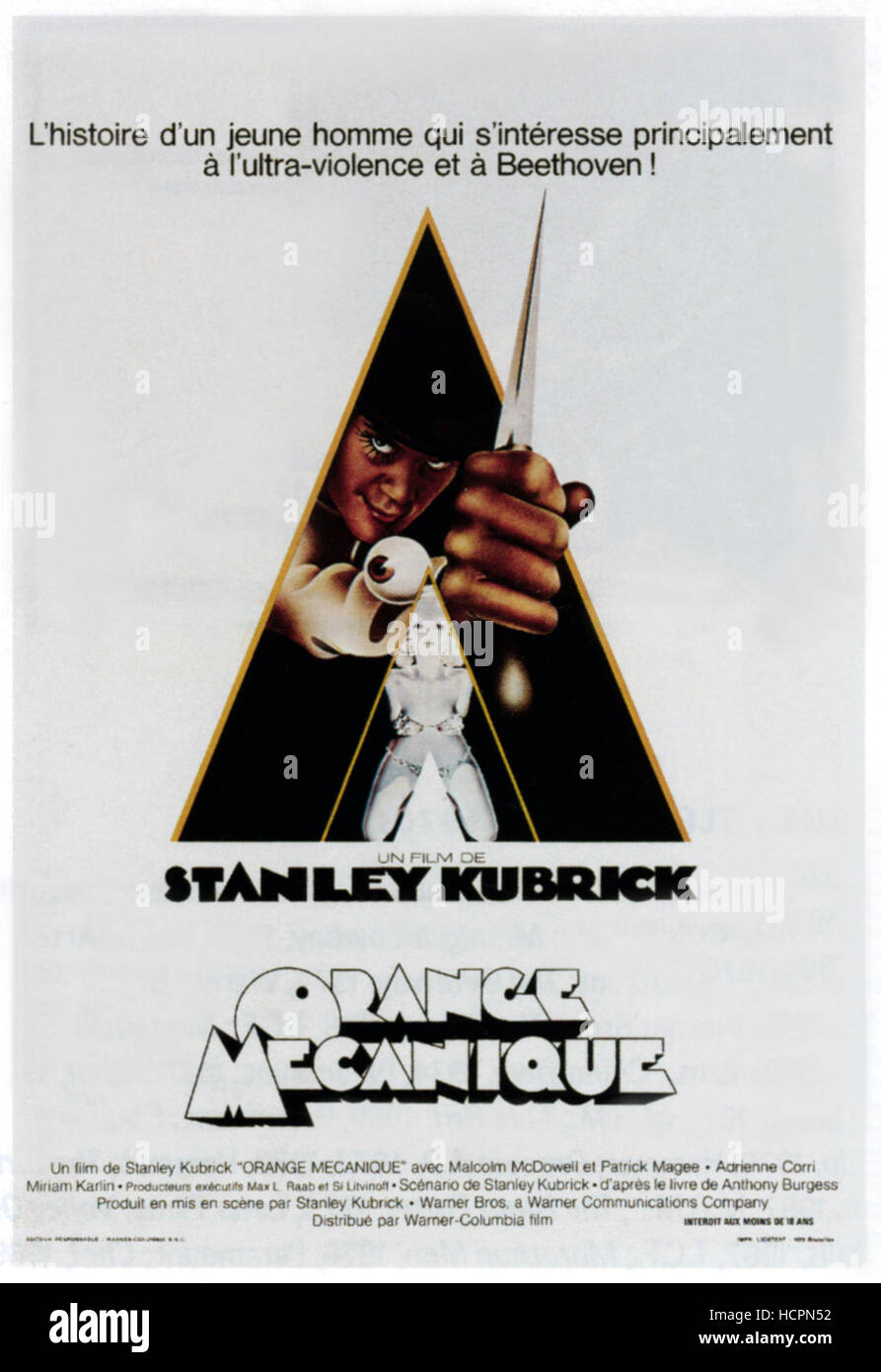 A CLOCKWORK ORANGE (aka ORANGE MECANIQUE), Malcolm McDowell on Belgian poster art, 1971. Stock Photo
