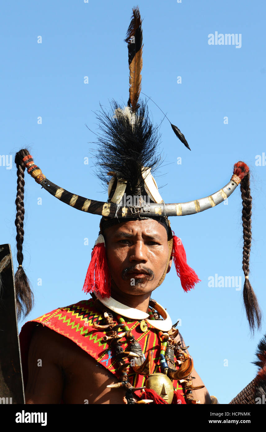 Konyak warriors at the Naga heritage center in Kisama, Nagaland. Stock Photo