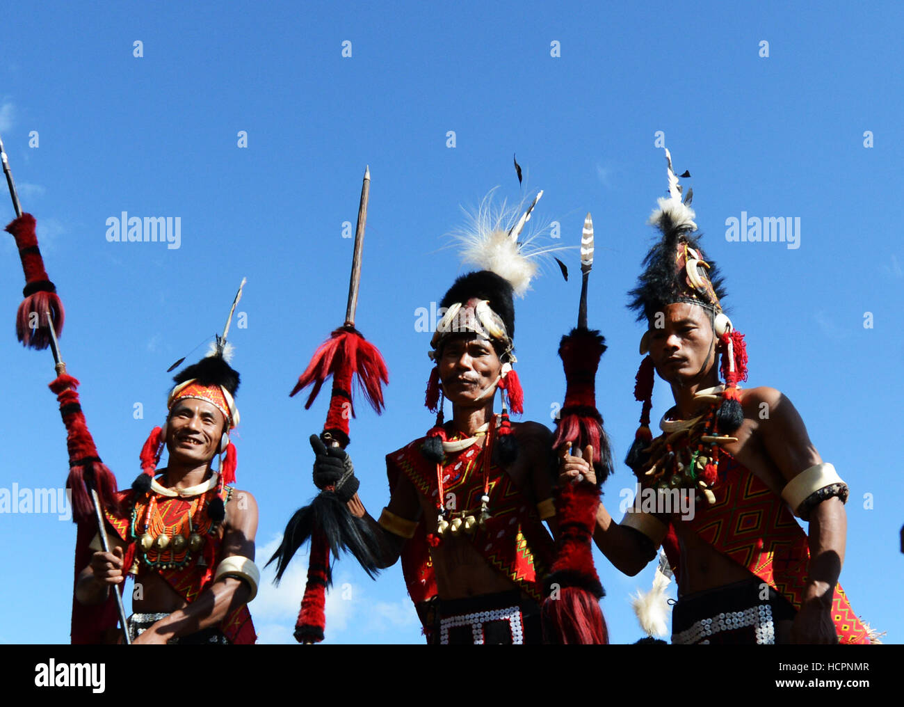 Konyak warriors at the Naga heritage center in Kisama, Nagaland. Stock Photo