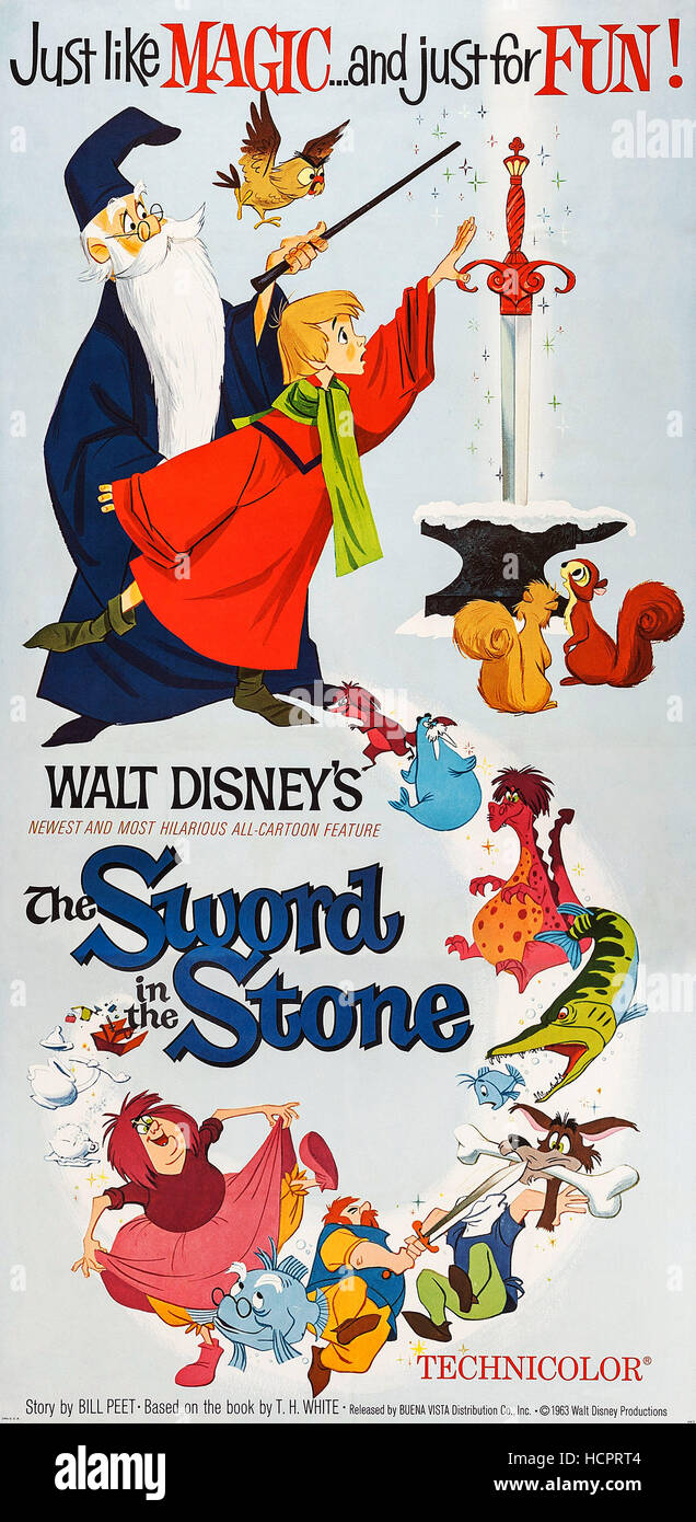 THE SWORD IN THE STONE, frop top left: Merlin, Archimedes, Arthur/Wart, Kay (bottom in green pants), Sir Pelinore, Madam Mim, Stock Photo