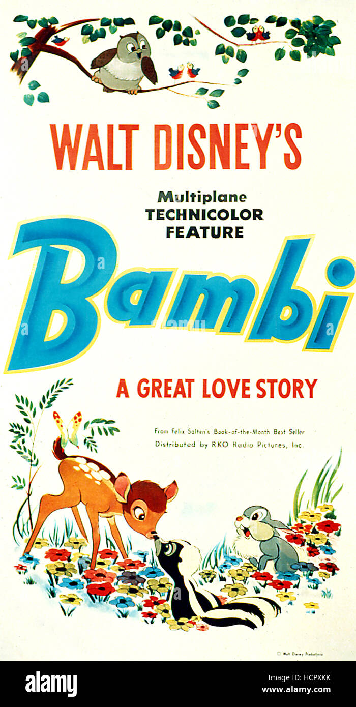 BAMBI, Owl, Bambi, Flower the skunk, Thumper, 1942, poster art Stock Photo