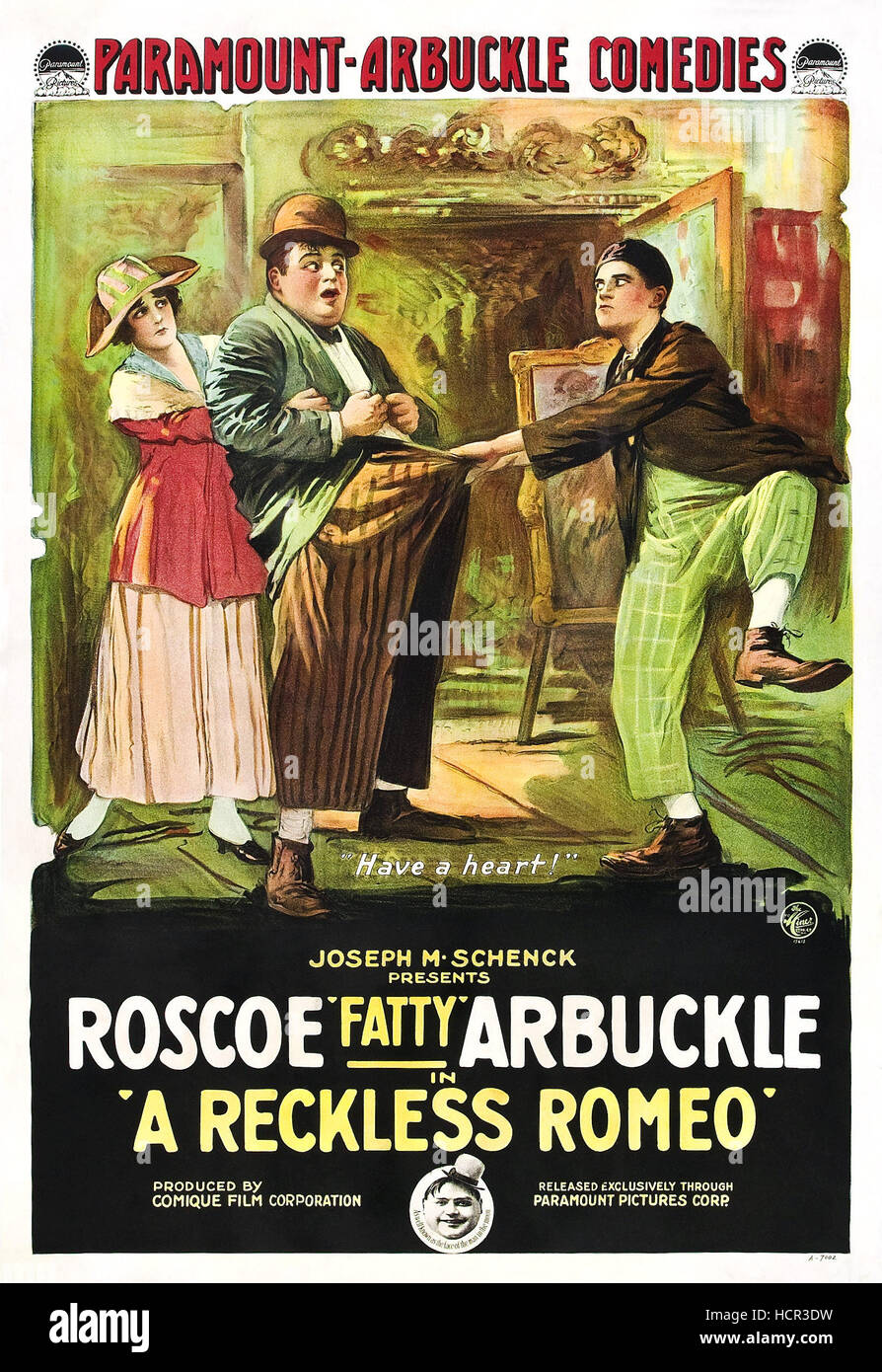 A RECKLESS ROMEO, center: Roscoe 'Fatty' Arbuckle on poster art, 1917. Stock Photo