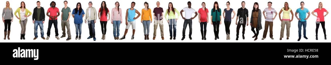 Group of young people smiling happy multicultural multi ethnic full body portrait standing in a row isolated on a white background Stock Photo