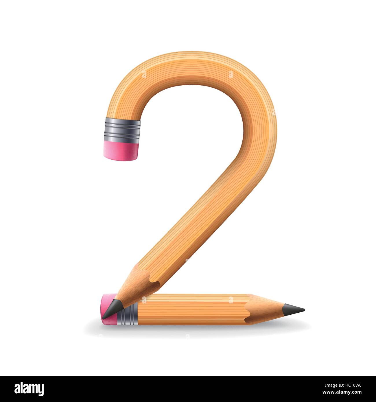 3d yellow pencil number 2 isolated on white background Stock Vector