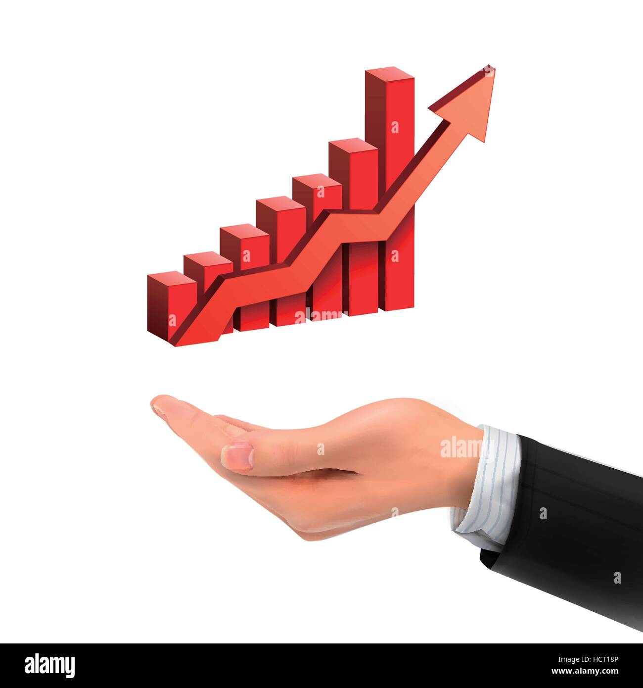 3d hand holding bar graph with rising arrow over white background Stock ...
