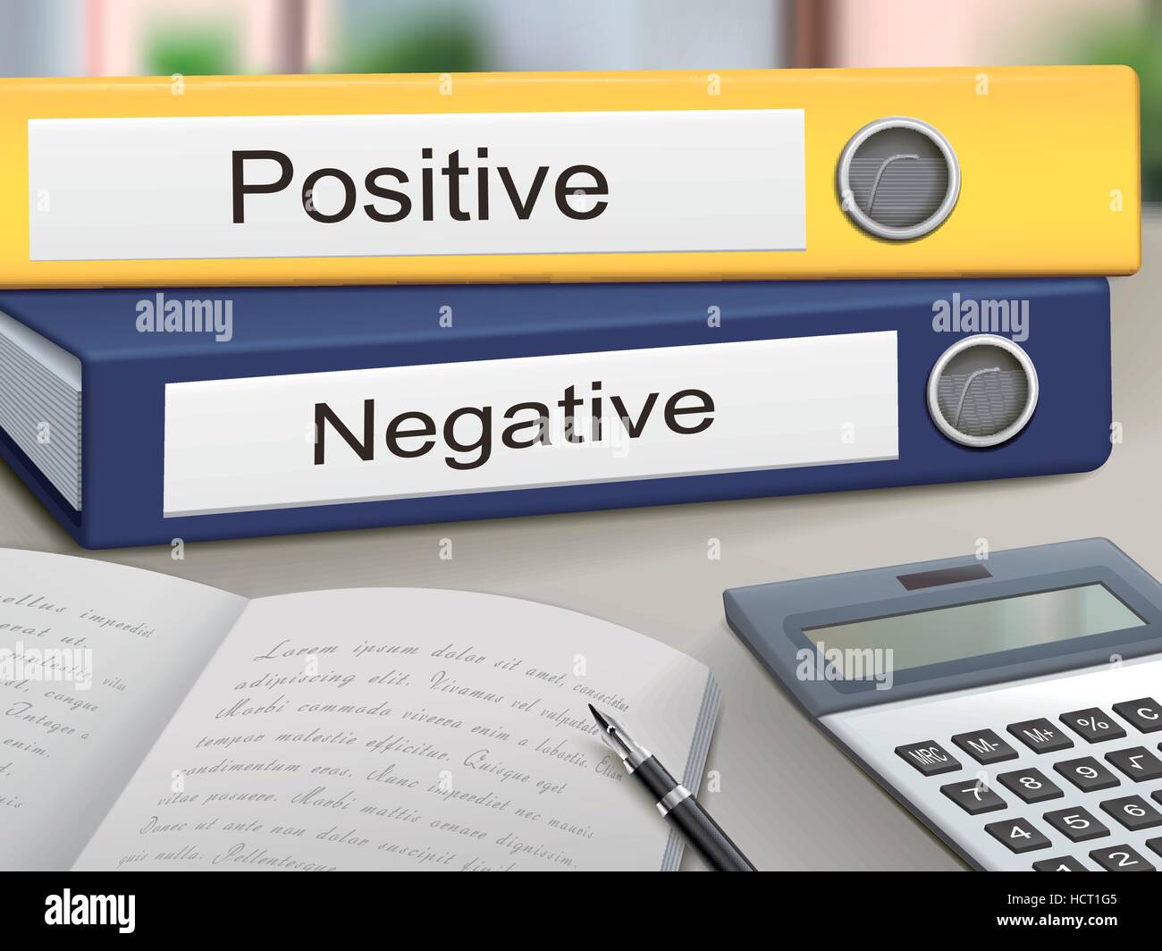 positive and negative binders isolated on the office table Stock Vector