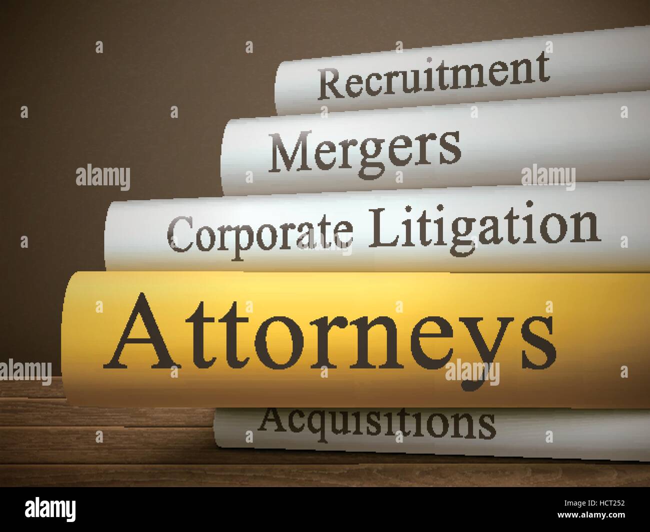 book title of attorneys isolated on a wooden table over dark background Stock Vector