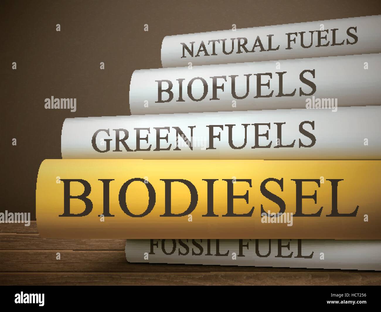 book title of biodiesel isolated on a wooden table over dark background Stock Vector