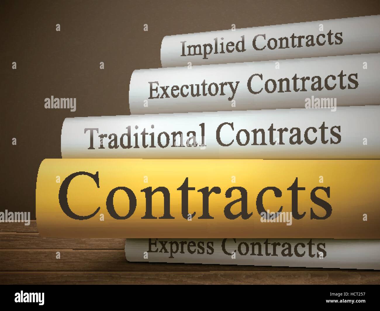book title of contracts isolated on a wooden table over dark background Stock Vector