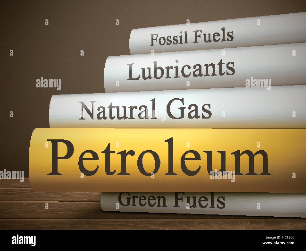 book title of petroleum isolated on a wooden table over dark background Stock Vector