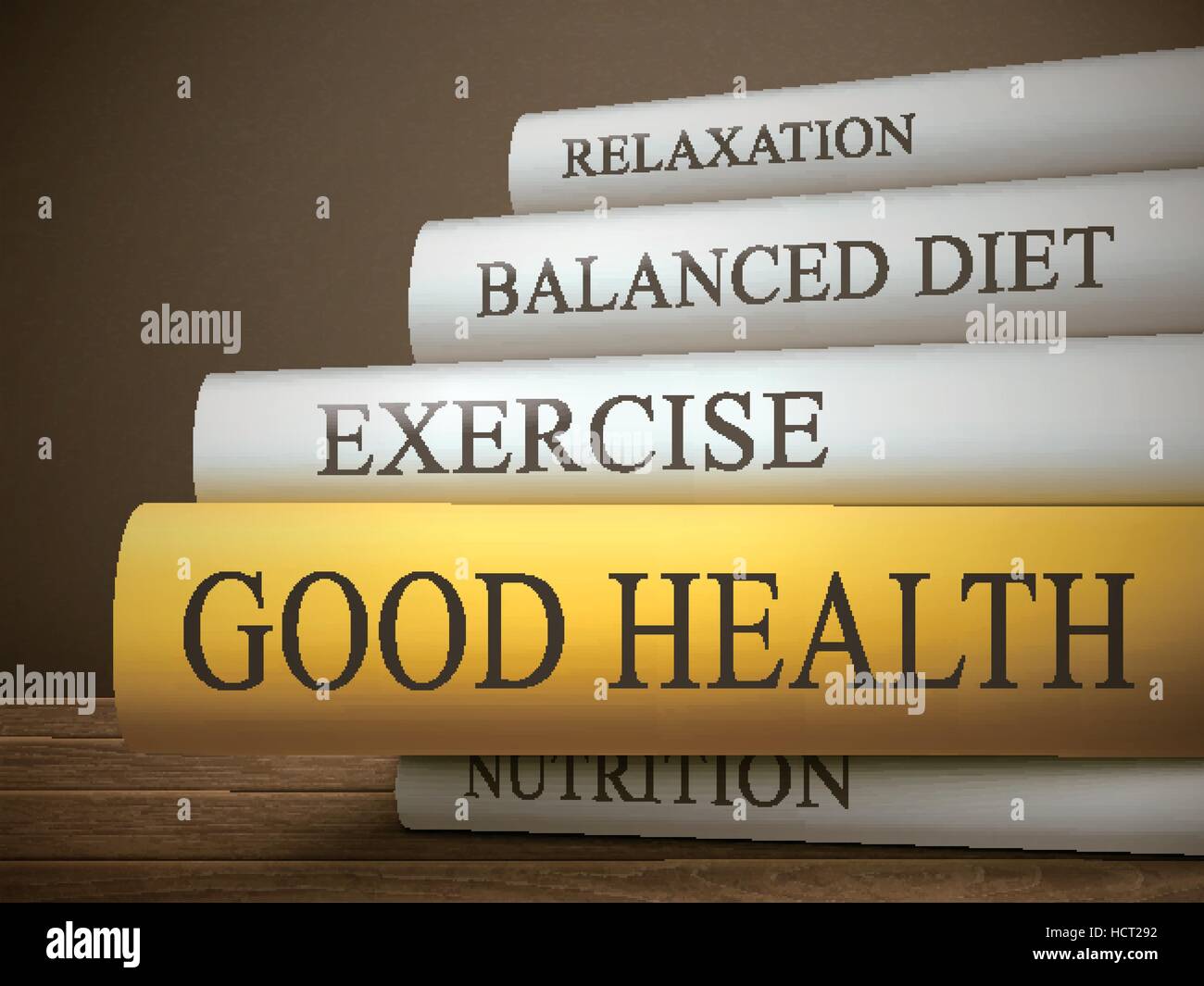 book title of good health isolated on a wooden table over dark background Stock Vector