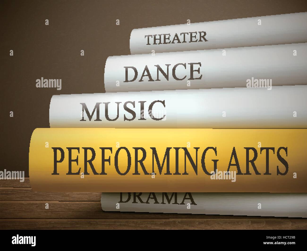 book title of performing arts isolated on a wooden table over dark background Stock Vector