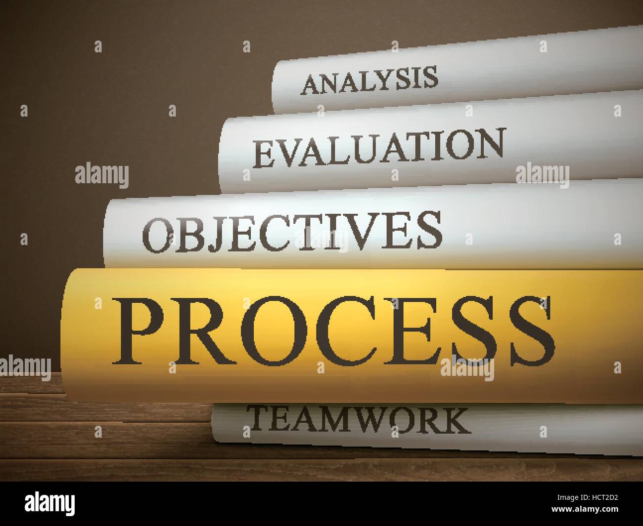 book title of process isolated on a wooden table over dark background Stock Vector