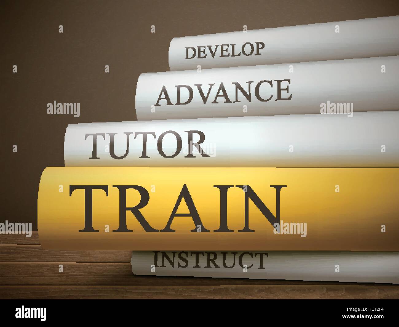 book title of train isolated on a wooden table over dark background Stock Vector
