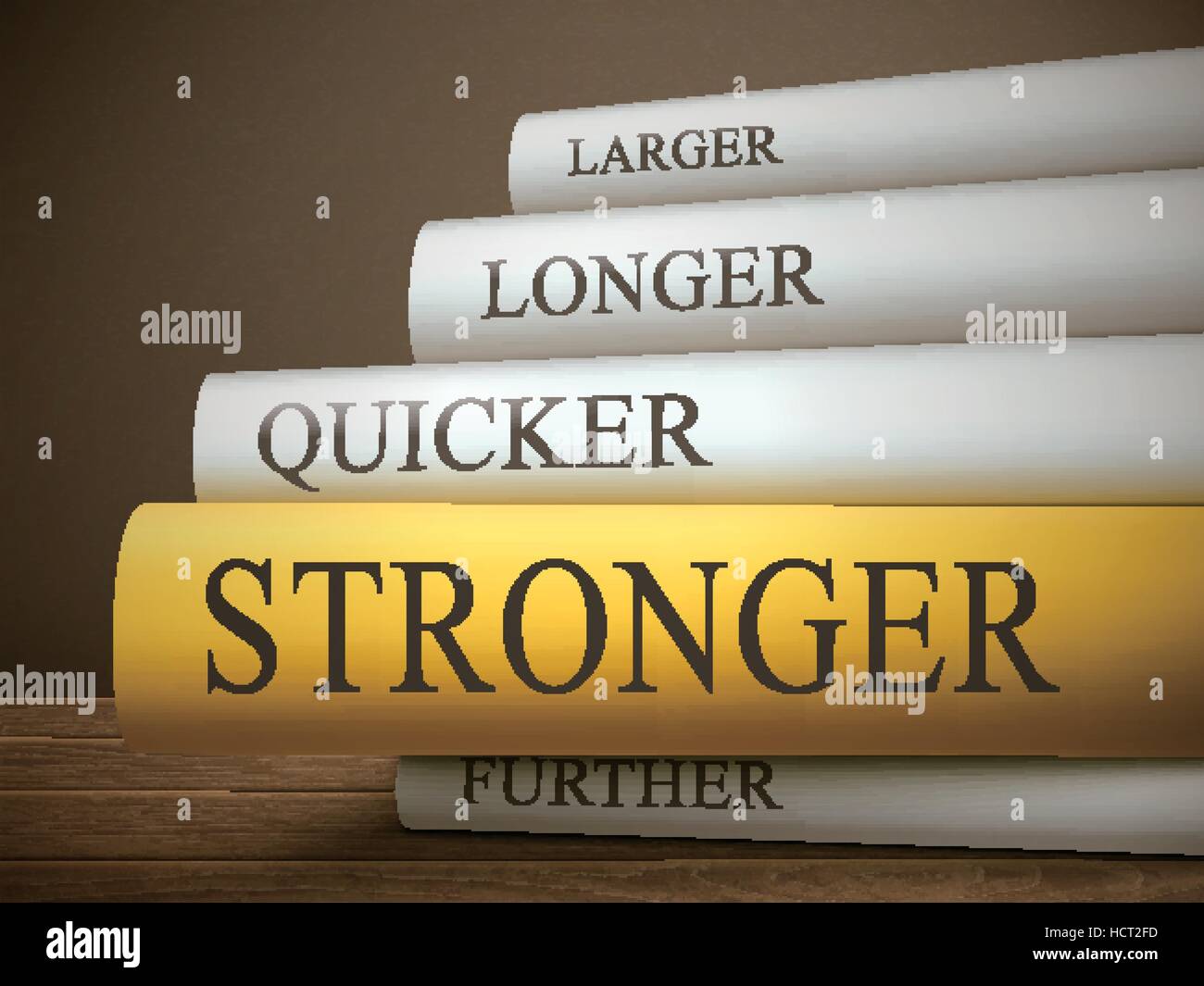 book title of stronger isolated on a wooden table over dark background Stock Vector
