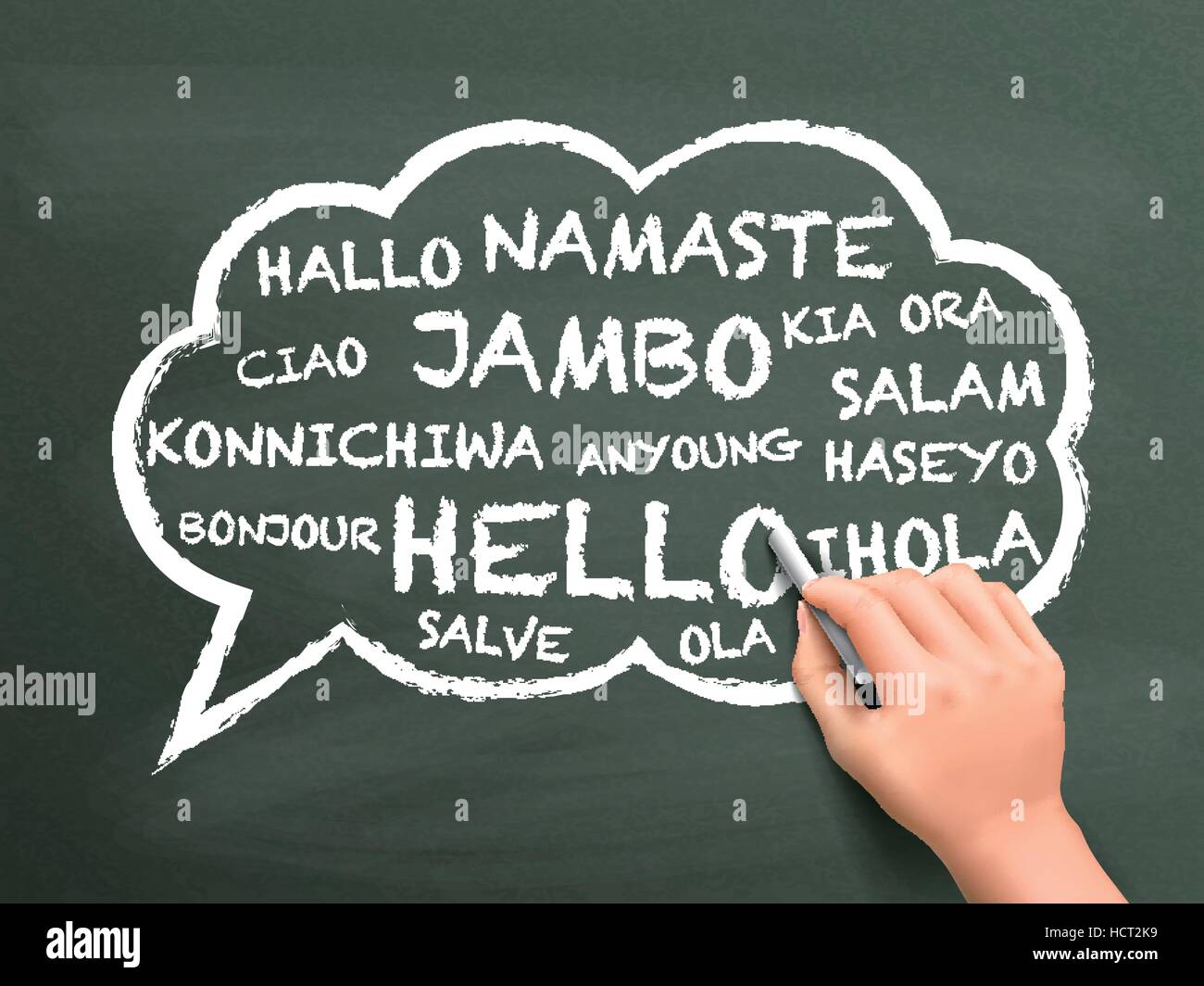 greeting in different language written by hand over chalkboard Stock Vector