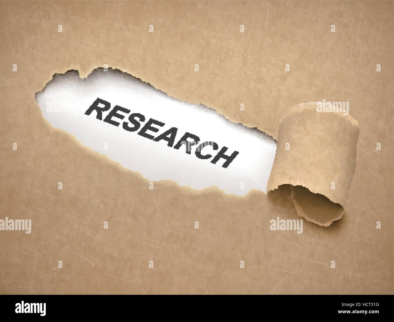the word research behind brown torn paper Stock Vector