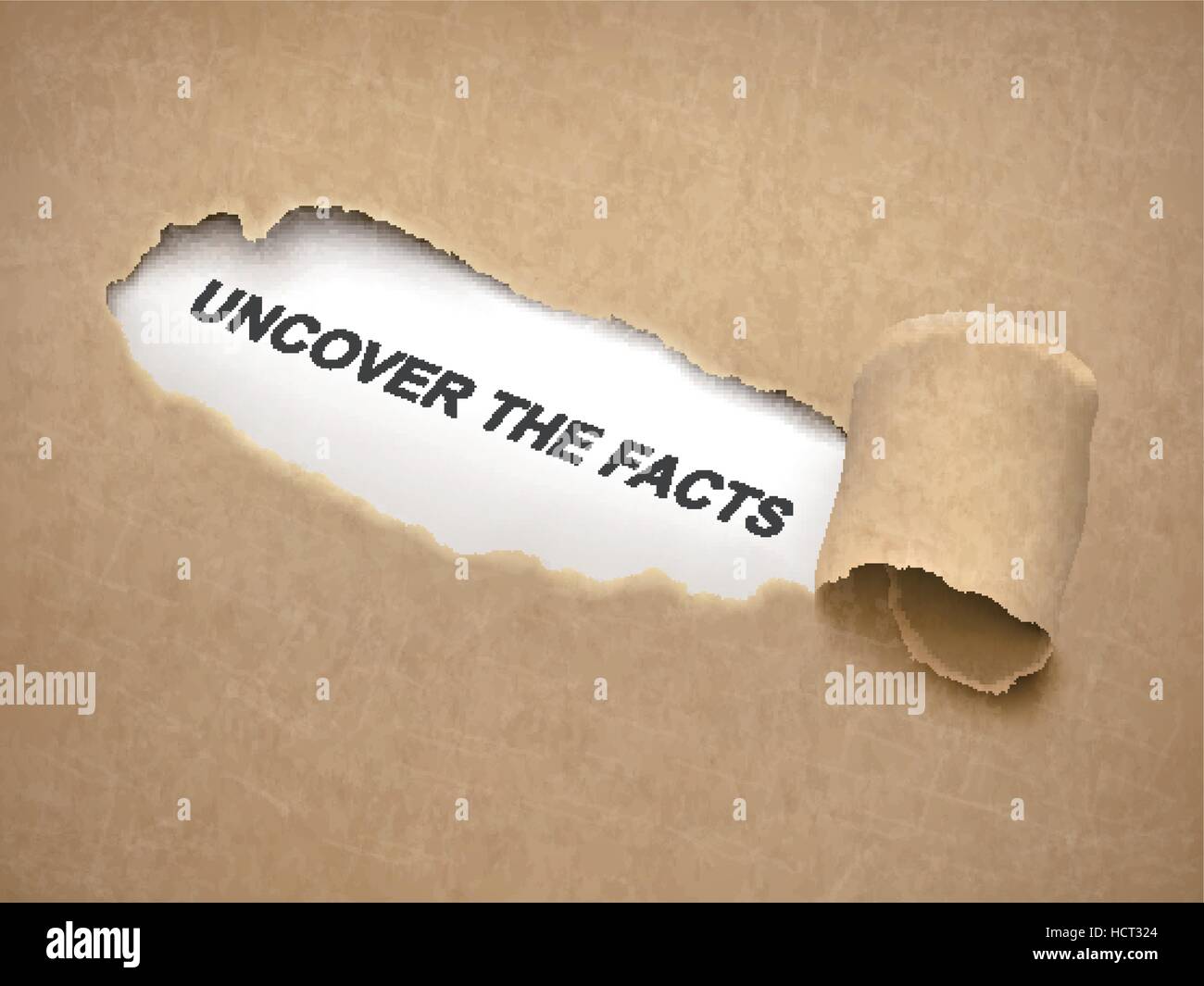 uncover the facts words behind brown torn paper Stock Vector